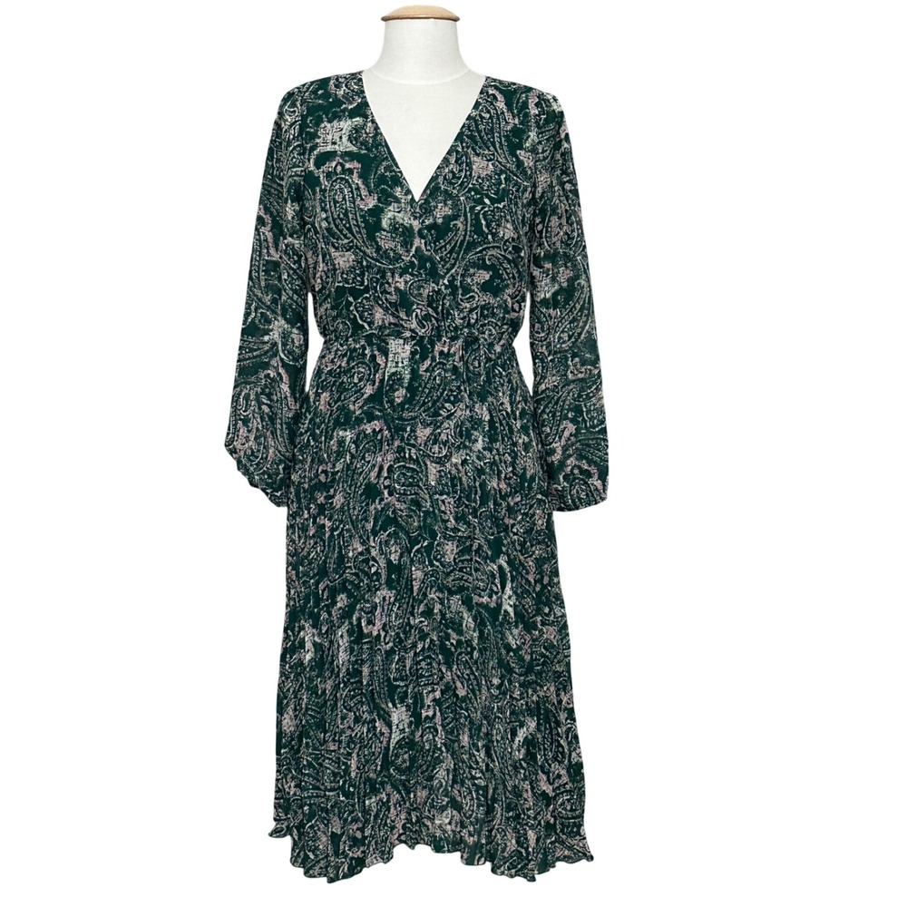 Indigo Rose Womens Dress L Green Paisley Chiffon Pleated Flowy Peasant Prairie